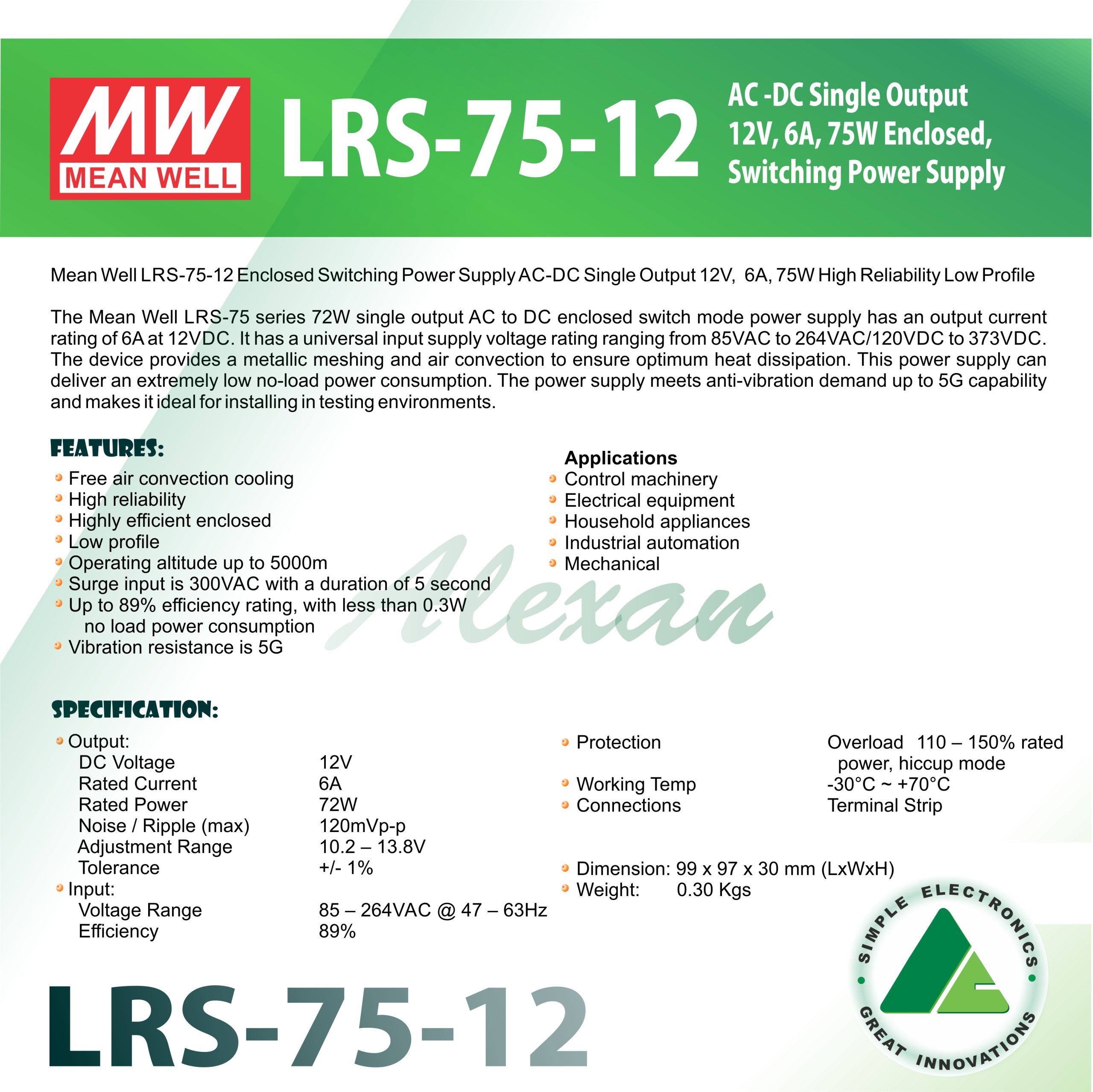 thumbnail image 2 of MEAN WELL - RS-75-12 - Power Supply,AC-DC,12V,6A,115-264V In,Enclosed... 2 of 13